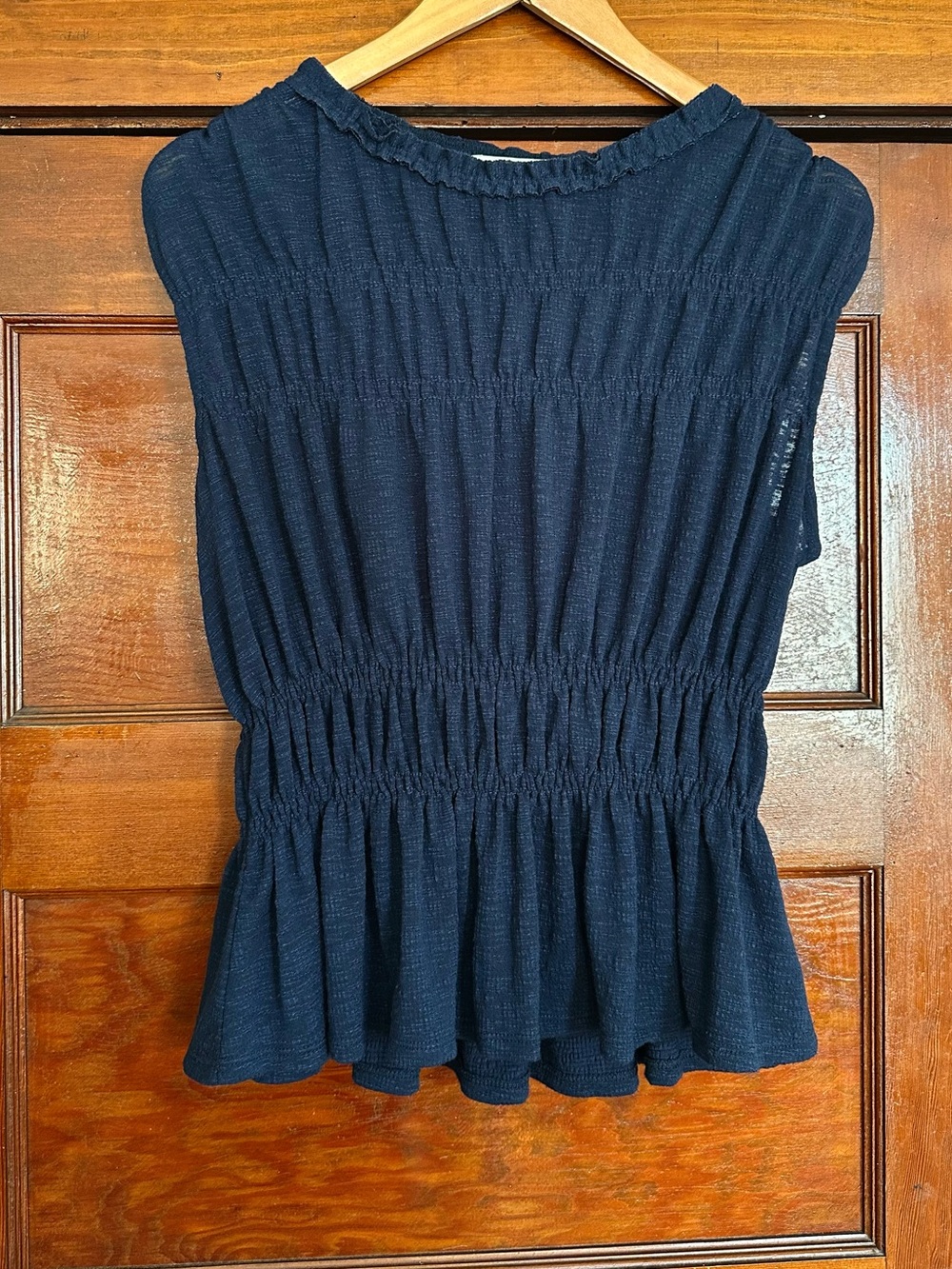Anthro Eri + Ali Navy Blue Sleeveless Smocked Blouse Peplum Top Size Small